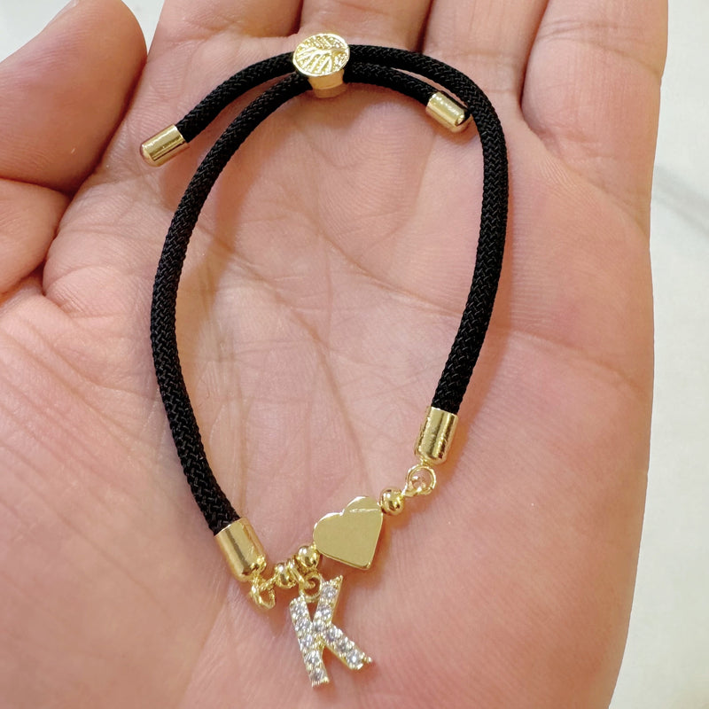 18K Golden Plated Heart Charm Bracelet with Synthetic Zirconia Letter Pendants A-Z, Simple Classic Black Polyester Cord, Adjustable for Daily Wear and Gift-Giving