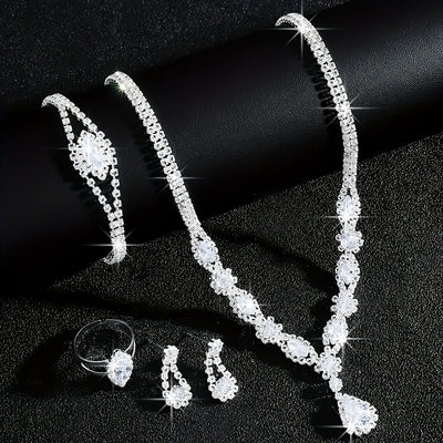 Luxurious and Exquisite High-end Sparkling Water Drop Necklace, Bracelet, Earrings and Ring Set for Bride's Wedding