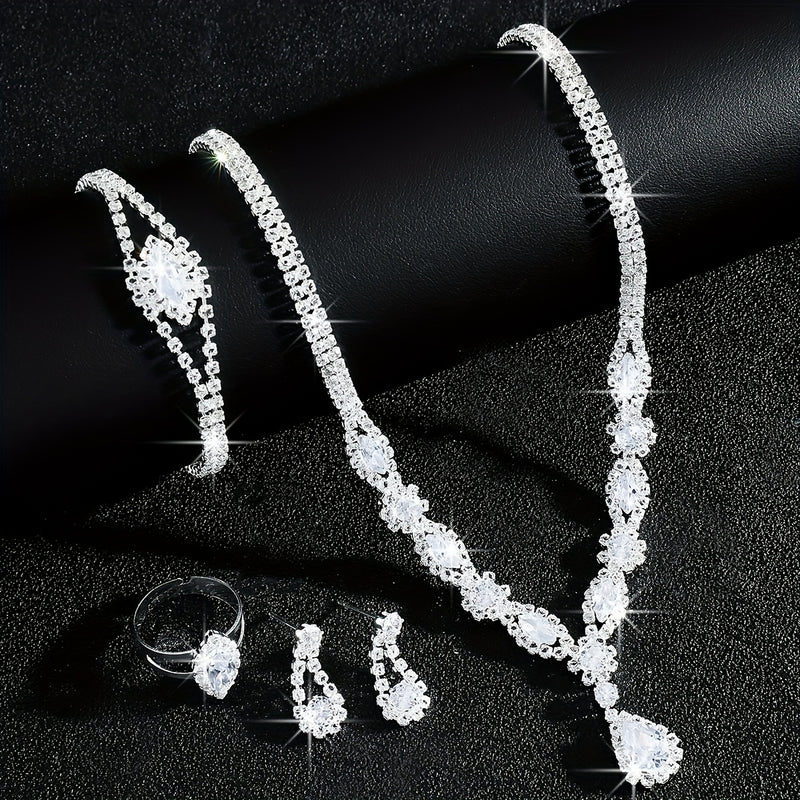 Luxurious and Exquisite High-end Sparkling Water Drop Necklace, Bracelet, Earrings and Ring Set for Bride&