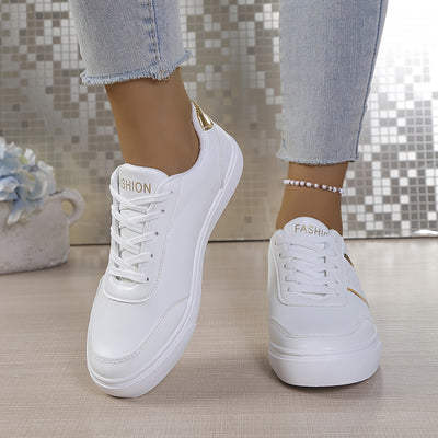 Women'S White Low-Top Sneakers with Golden Accents - Genuine Leather Upper, Breathable Fabric Lining & Durable Rubber Sole, Lace-Up Casual Shoes for All-Season Comfort, Ladies Sneakers, Baked White Sports Shoe For Women