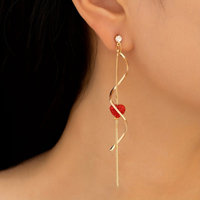 Pair of Women's S-Shaped Long Tassel Earrings, Heart-Shaped Holiday Gift Casual Attire Drop Earrings