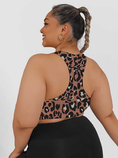 Women's High-Impact Sports Bra with Front Zipper & Removable Pads - Leopard Print Design, High-Elasticity Fabric, Round Neck for Yoga, Running, Gym - Machine Washable, Yoga Accessories, Elegant Sportswear, Durable Sportswear