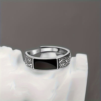 Men'S Vintage Dragon Pattern Ring with Black Onyx Stone - Adjustable Copper Band, Intricate Design, Fashion Statement Piece