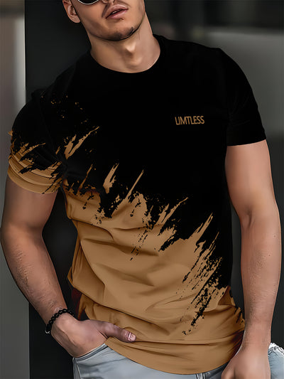 Men's Casual 3D Digital Print Short Sleeve T-Shirt - Black with Red & Gray Brush Stroke Design, Breathable Summer Tee, Regular Fit, Machine Washable, Casual Attire, Modern Textile Technology