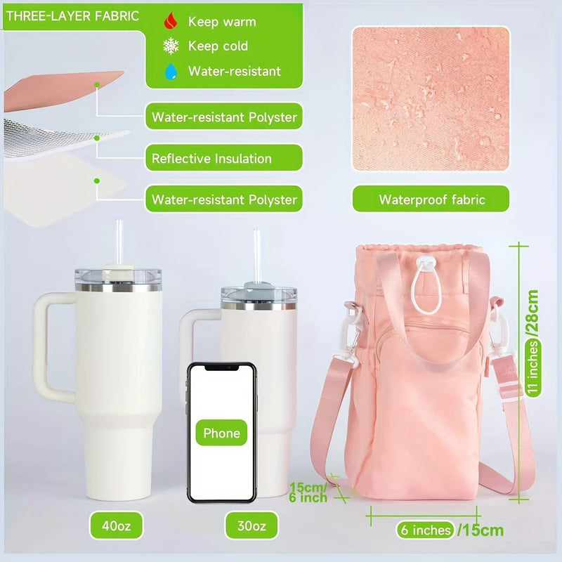 Versatile Water Bottle Carrier Bag with Phone Pocket - Fits 30/40oz Bottles, Adjustable Crossbody & Handle Straps, Durable & Waterproof for Travel, Outdoor Sports