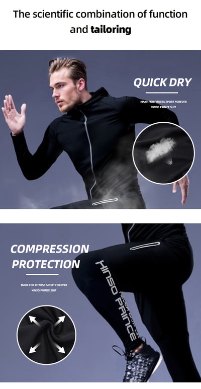 5pcs Men's Athletic Set - Polyester & Spandex Blend, High Stretch Knit Fabric, Hooded Zip-Up Jacket, Printed Sports Vest, Compression Long Sleeve Top, Shorts & Leggings for Running, Basketball, Training - Four Seasons Workout