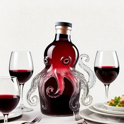 Octopus-Shaped Wine & Whiskey Decanter with Reusable Glass Cup - 300ml Elegant Squid Design with Tentacle Stopper, Clear Glass Mini Portable Bottle for Home, Parties, Halloween & Christmas Gifts - Durable Glass Construction,