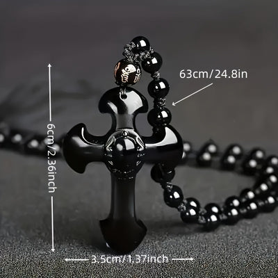 1pc obsidian necklace with a religious cross lucky symbol pendant and paired with a black synthetic Synthetic Gemstone chain, suitable for gifts for men and women.