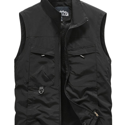 Men'S Navy Blue Sleeveless Vest with Stand Collar, Zippered Front & Side Pockets - Casual, Loose-Fit Outdoor Sports Vest for All Seasons, Polyester Fiber Lining, Perfect for Fall/Winter