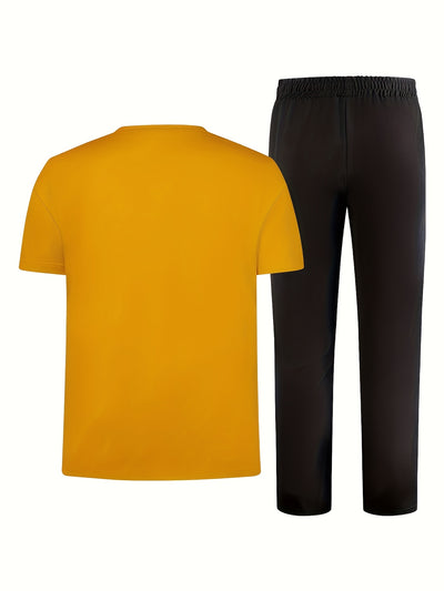 Men'S Casual Sports Two-Piece Set Short Sleeve Top Straight Leg Pants with Paris Print, Fashionable And Trendy, Ideal for Summer, Parties, Casual Outings, And Everyday Wear, Everyday Wear|Short Sleeve Top|Print Trousers