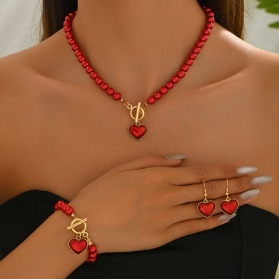 Vintage Red Bead Love Set Necklace, Bracelet and Earrings, Court Style Sweet Jewelry Three-Piece Set