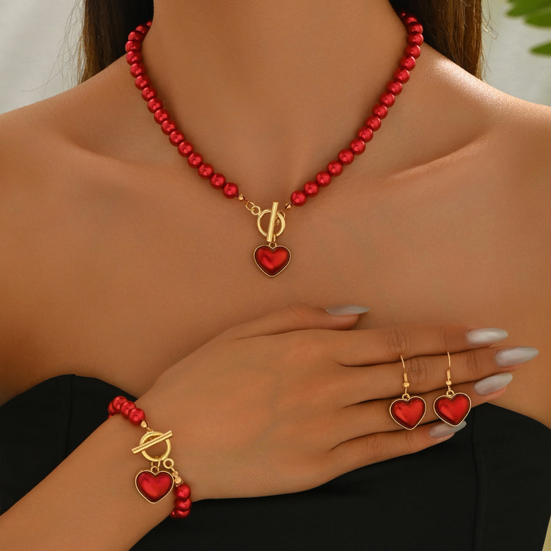 Vintage Red Bead Love Set Necklace, Bracelet and Earrings, Court Style Sweet Jewelry Three-Piece Set