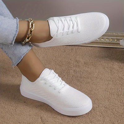 Women's Solid Color Flat Shoes, Breathable Knit Lace Up Outdoor Shoes, Lightweight Low Top Shoes