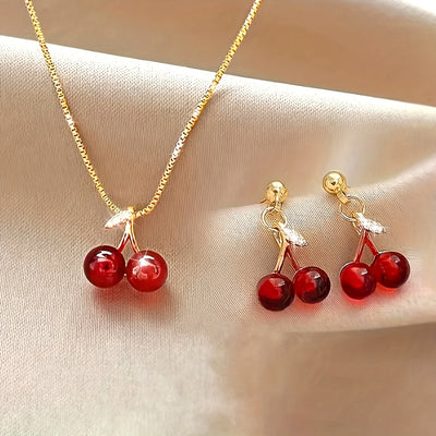 NEW 3pcs set, red cherry fruit earrings and necklace, high-quality jewelry, upgraded cute earrings and necklace, premium decorative earrings, suitable for daily wear, wedding season accessory, perfect gift for best friends, c