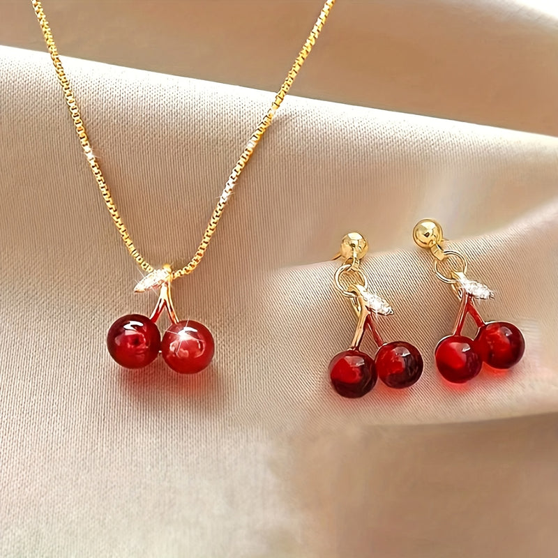 NEW 3pcs set, red cherry fruit earrings and necklace, high-quality jewelry, upgraded cute earrings and necklace, premium decorative earrings, suitable for daily wear, wedding season accessory, perfect gift for best friends, c