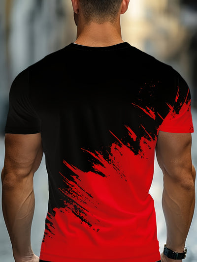 Men's Casual 3D Digital Print Short Sleeve T-Shirt - Black with Red & Gray Brush Stroke Design, Breathable Summer Tee, Regular Fit, Machine Washable, Casual Attire, Modern Textile Technology