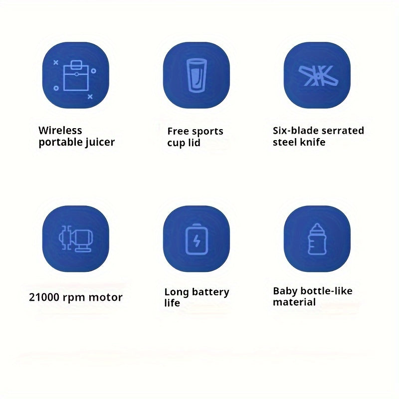 Multifunctional cordless portable juicer with 2 cups, blender fresh juice cup with sports cup lid, USB rechargeable juicer, six-blade blade juice quickly, juice fine, fruit blender suitable for home, kitchen and travel