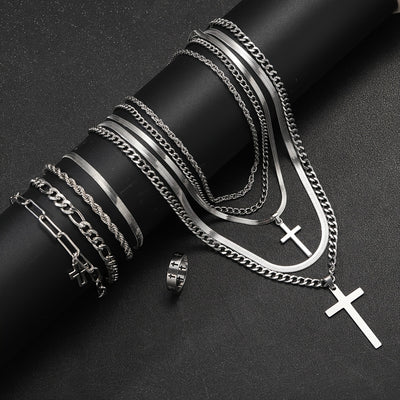 10pcs Casual Stainless Steel Cross Bracelet Necklace Ring Set for Men, Perfect for Vacation or Daily Wear, Gift Idea (No Box Included)