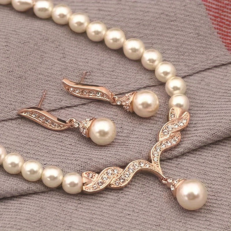 Luxury Glass Imitation Pearl Earrings and Necklace Set for Girls - Three-Piece Beige Jewelry Collection, Elegant Party Jewelry, Perfect for Girls&