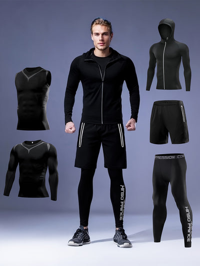 5pcs Men's Athletic Set - Polyester & Spandex Blend, High Stretch Knit Fabric, Hooded Zip-Up Jacket, Printed Sports Vest, Compression Long Sleeve Top, Shorts & Leggings for Running, Basketball, Training - Four Seasons Workout