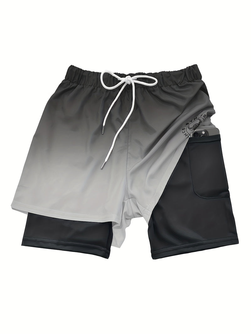 2-in-1 Double Layer Ombre Shorts - High Stretch, Drawstring Waist, Side Pocket, Breathable, Quick-Drying, Comfortable, Mens Sports Shorts for Summer Gym Workout, Training, and Fitness - GYM Pattern Print, Bull Design