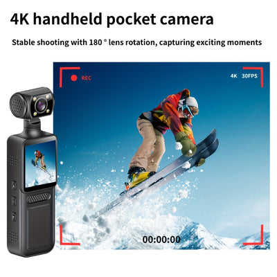 4K handheld stabilizer pocket sports camera, 4K HD camera with 180 ° rotating lens, 1.3-inch screen, portable rechargeable, Vlog camera, suitable for action shooting