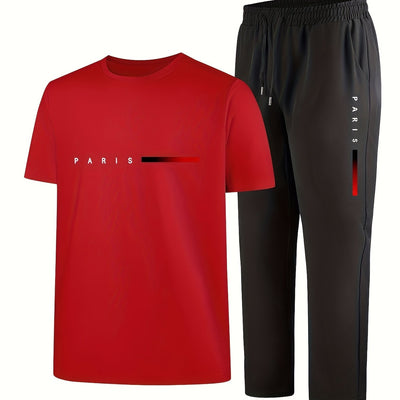 Men'S Casual Sports Two-Piece Set Short Sleeve Top Straight Leg Pants with Paris Print, Fashionable And Trendy, Ideal for Summer, Parties, Casual Outings, And Everyday Wear, Everyday Wear|Short Sleeve Top|Print Trousers