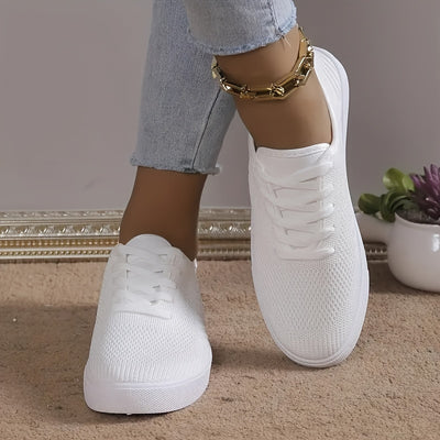 Women's Solid Color Flat Shoes, Breathable Knit Lace Up Outdoor Shoes, Lightweight Low Top Shoes