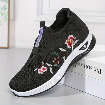 Women's Versatile Breathable Knitted Sneakers With Embroidered Floral Design, Comfortable Casual Sports Shoes