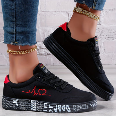 Women's Heart Pattern Canvas Shoes, Casual Lace Up Outdoor Shoes, Comfortable Low Top Sneakers