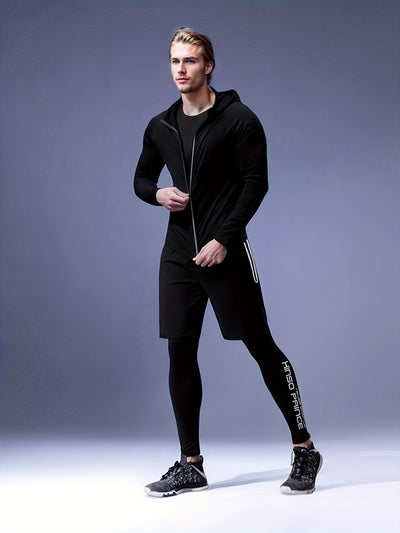 5pcs Men's Athletic Set - Polyester & Spandex Blend, High Stretch Knit Fabric, Hooded Zip-Up Jacket, Printed Sports Vest, Compression Long Sleeve Top, Shorts & Leggings for Running, Basketball, Training - Four Seasons Workout
