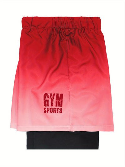 2-in-1 Double Layer Ombre Shorts - High Stretch, Drawstring Waist, Side Pocket, Breathable, Quick-Drying, Comfortable, Mens Sports Shorts for Summer Gym Workout, Training, and Fitness - GYM Pattern Print, Bull Design