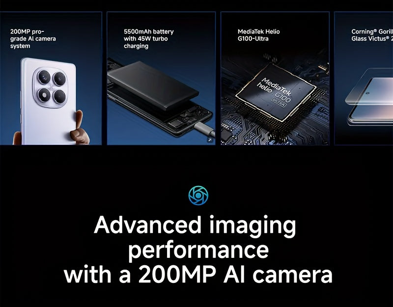 The Xiaomi Redmi Note 14 Pro Smartphone features a 6.67-inch AMOLED display with 120Hz refresh rate and 1080P resolution. It is powered by the Helio G100-Ultra Octa-Core processor and boasts a 200MP camera with OIS. The phone