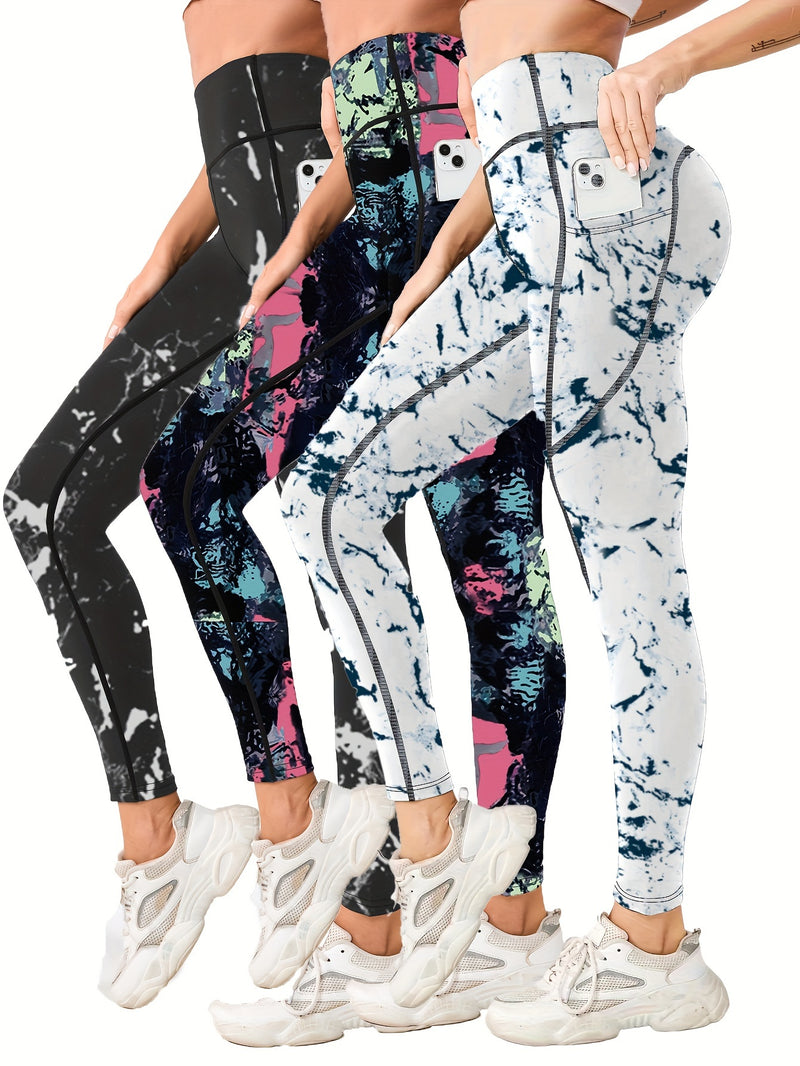 3pcs High-Waist Tummy Control Yoga Leggings with Pocket - Butt Lifting, Stretchy Sports Pants in Vibrant & Subdued Print for Women