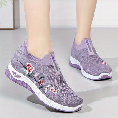 Women's Versatile Breathable Knitted Sneakers With Embroidered Floral Design, Comfortable Casual Sports Shoes