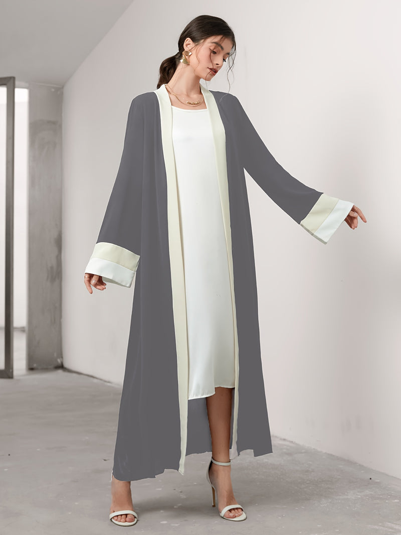 Cozy Comfort, Elegant Black and Cream Long Robe with Ruffle Sleeves - Polyester, Machine Washable, Casual Style for Women - Perfect for Spring/Summer/Fall