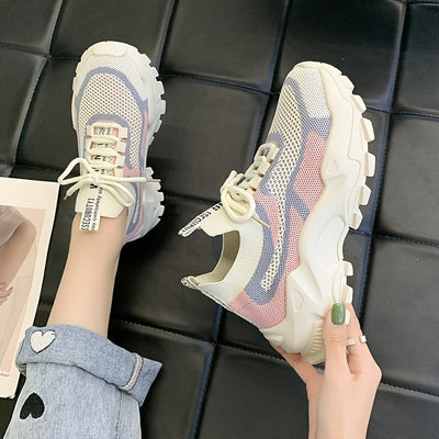 Women's Breathable Mesh Platform Sneakers, Casual Lace Up Outdoor Shoes, Comfortable Lwo Top Sport Shoes