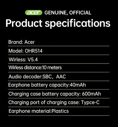 Acer TWS Wireless Headphones with Noise Cancelling, In-Ear Design, Lightweight Touch Control, Long Battery Life, HIFI Sound, Compatible with Mobile Phones, Tablets, And Laptops