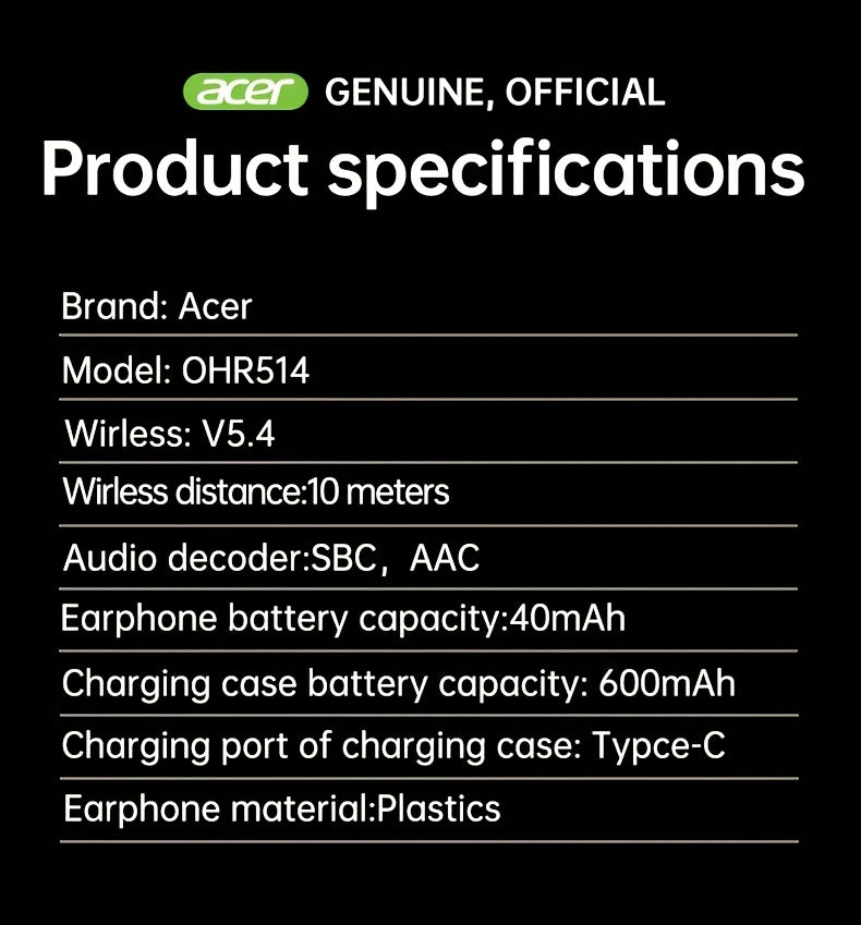 Acer TWS Wireless Headphones with Noise Cancelling, In-Ear Design, Lightweight Touch Control, Long Battery Life, HIFI Sound, Compatible with Mobile Phones, Tablets, And Laptops