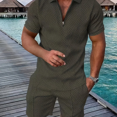 تي شيرت رجالي بأكمام قصيرة + شورت بدلة رياضية كاجوال باللون الأزرق