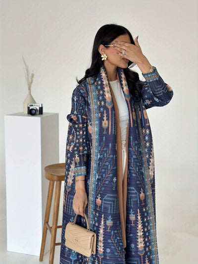 Miyake Women's Pleated Abaya Robe - Floral Print Middle Eastern Style Trench Coat, Loose Fit Extended Length Modest Muslim Dress, High-Stretch Machine-Washable for Spring Summer Fall, Elegant Party & Casual Wear, Muslim Cloth