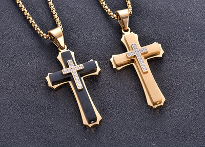 Alpaca Men's 202 Stainless Steel Multi-Layer Cross Pendant Necklace with Black Enamel & Accents - Edgy Modern Design for Festive Occasions, Parties, Music Festivals - Year-Round Versatile Jewelry, Festival Necklace, Intricate