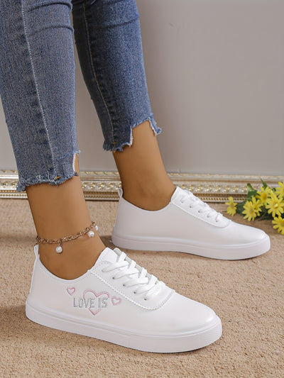 Women's Heart Pattern Sneakers, Casual Lace Up Outdoor Shoes, Comfortable Low Top Faux Leather Shoes