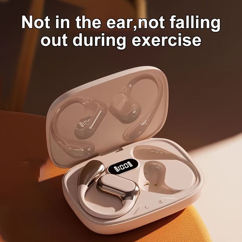 Open Ear Clip Headphones Wireless Non-In-Ear Hanging Sports Headphones for Running, Cycling and Car Use E-Sports Gaming Music Headphones with Long Standby Time Large Capacity Charging Case Smart Digital Display