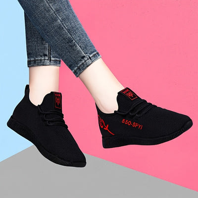 Women's Flower Pattern Sneakers, Breathable Knit Lace Up Outdoor Shoes, Comfortable Low Top Sport Shoes
