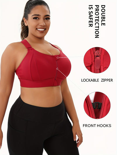 A Women'S Front-Zip Sports Bra, Featuring High Support And Plus Sizes, with Adjustable Straps, Suitable for Yoga, Fitness, And Workouts.