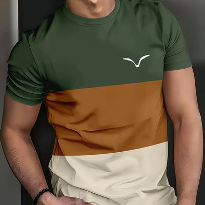 1pc Men'S Casual Crew Neck T-Shirt, Geometric Striped Print, Breathable Polyester Knit Fabric, Short Sleeve Sports Tee for Spring/Summer, Street Fashion Style