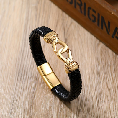 Men's 18K Gold Plated Plated 304 Stainless Steel Leather Bracelet - Braided Leather Strap with Golden-Tone Intertwined Rings, Durable & Stylish Jewelry for Casual Formal Wear