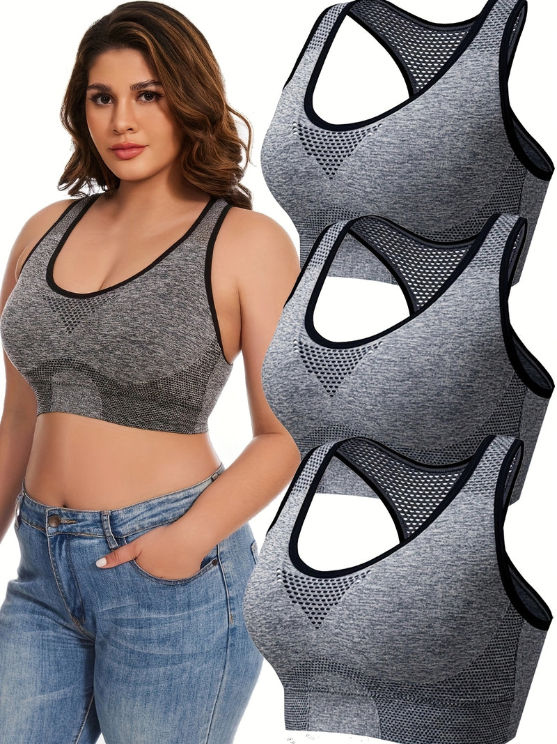 3pcs Plus Size Sports Bras, Polyamide Blend, Hollow Mesh Design, Low Support, Removable Padding, Crew Neck, Medium Stretch, Knit Fabric, with Casual Wear for Women&