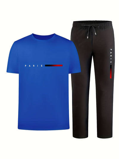 Men'S Casual Sports Two-Piece Set Short Sleeve Top Straight Leg Pants with Paris Print, Fashionable And Trendy, Ideal for Summer, Parties, Casual Outings, And Everyday Wear, Everyday Wear|Short Sleeve Top|Print Trousers